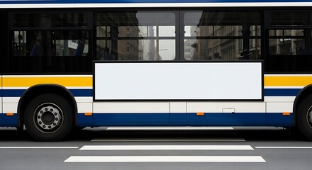 Side view of a city bus with blank advertising space and crosswalk