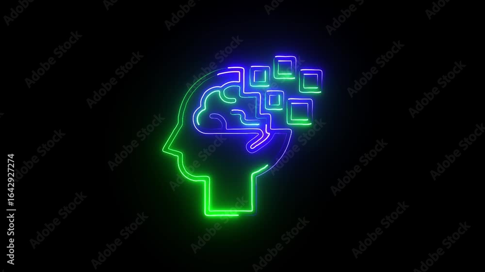 Poster neon artificial intelligence with human head, brain, and digital blocks representing ai, machine lea