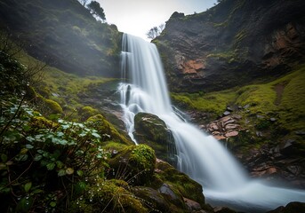 Beautiful waterfall cascading down a mossy green cliff