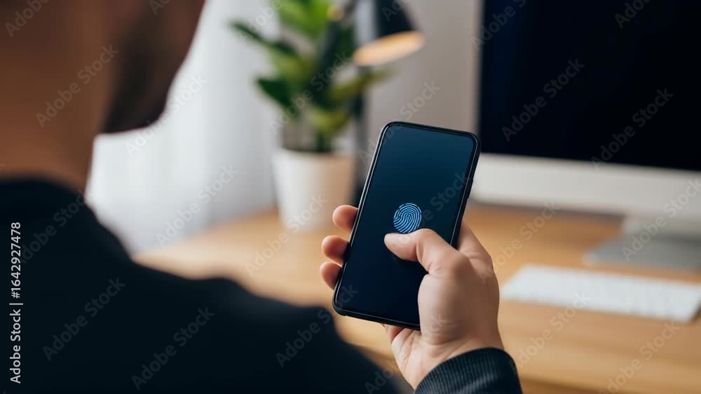 Poster man unlocking smartphone with fingerprint sensor. biometric identification on mobile phone for secur