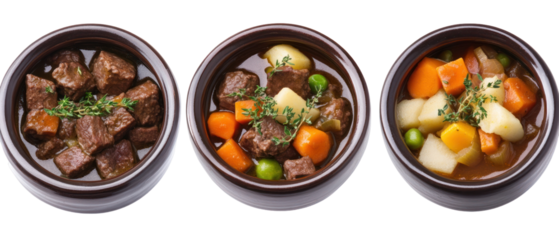 Close Up Of Three Bowls Filled With Beef Stew Featuring Carrots Potatoes And Peas Against A Transparent Background