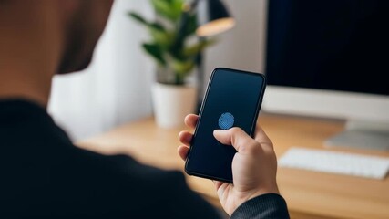 Man unlocking smartphone with fingerprint sensor. Biometric identification on mobile phone for secure access. Digital technology footage. - Powered by Adobe