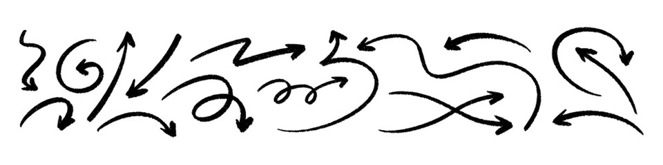 Brush style twisted arrow with chalk texture and comic elements. Flat vector illustration isolated on white background.