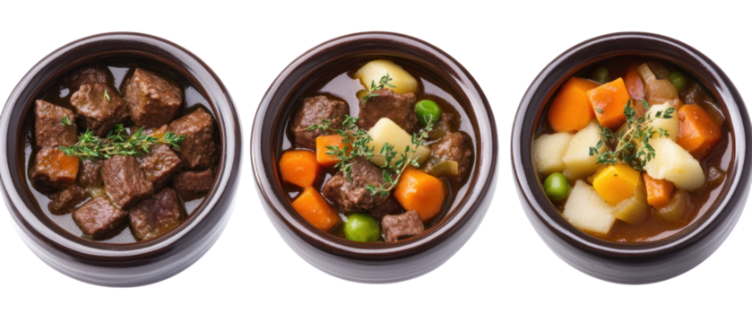 Close Up Of Three Bowls Filled With Beef Stew Featuring Carrots Potatoes And Peas Against A Transparent Background