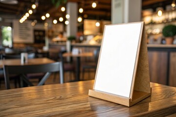 Blank white tent card menu holder on wooden table in cozy cafe interior. Perfect for restaurant menu mockups, product display, advertising, promotions, and warm ambient lighting backgrounds.


