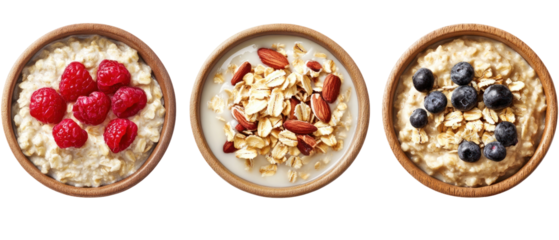 Overhead View of Three Bowls of Oatmeal Topped with Berries and Granola on Transparent Background