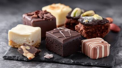 Gourmet sweets selection on a dark stone surface, showcasing a variety of chocolates and cakes. 