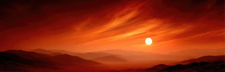 Fiery sunset over a misty mountain range
