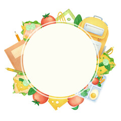 Back to school circle frame watercolor isolated illustration. Lunch box with healthy food and stationery supplies. Clip art. Hand drawn sketch for kids in elementary school.