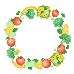 Wreath watercolor isolated illustration. Sandwiches with fresh fruit and vegetable. Healthy food clip art. Hand drawn sketch for kids.