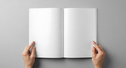 Top view of hands holding an open blank white book or magazine