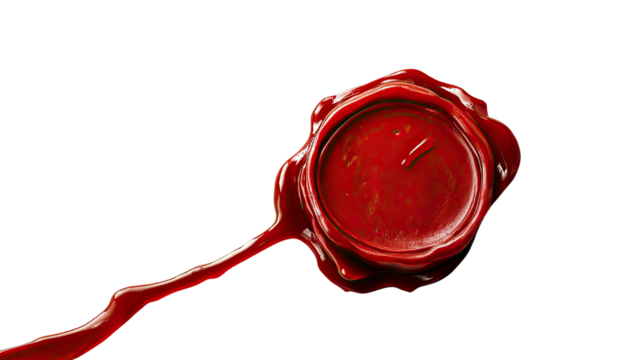 Red wax seal with embossed design and vintage texture isolated on white background
