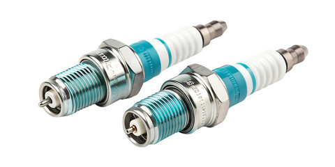 Two automotive spark plugs with blue accents isolated on transparent background