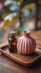 Small, brown glass bottle and pink ribbed vase on wooden tray