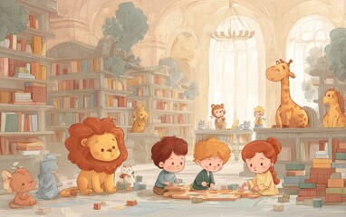 Cheerful kids and cartoon animals playing math games and solving puzzles in a glowing pastel library, perfect for joyful learning visuals, educational media, and logic-building content