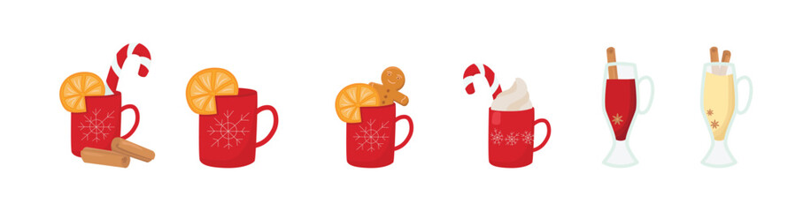 Christmas market drinks set. Vector stock illustration isolated on white background for design template menu, decoration winter market house, print paper, glass, ceramic cup