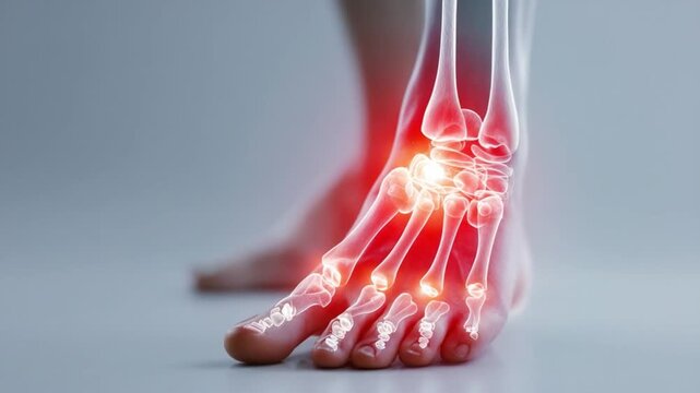 Radiant Foot: A close-up shot, highlighting the human foot, overlaid with a vibrant, red skeletal structure, underscoring concepts of discomfort and pain.