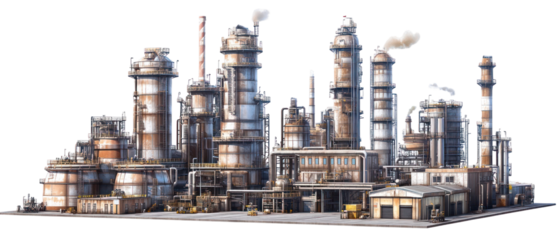 Detailed Illustration Of An Industrial Complex Against Transparent Background Showing Various Structures And Towers