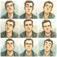Various male facial expressions in a sketch style.