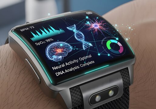 Smartwatch displaying health metrics, including heart rate, oxygen saturation, brain activity, DNA analysis and other health data on a wrist.