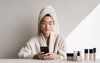 Minimalist morning beauty ritual showing young woman applying makeup while checking phone with clean cosmetic layout perfect for modern self care and routine lifestyle articles