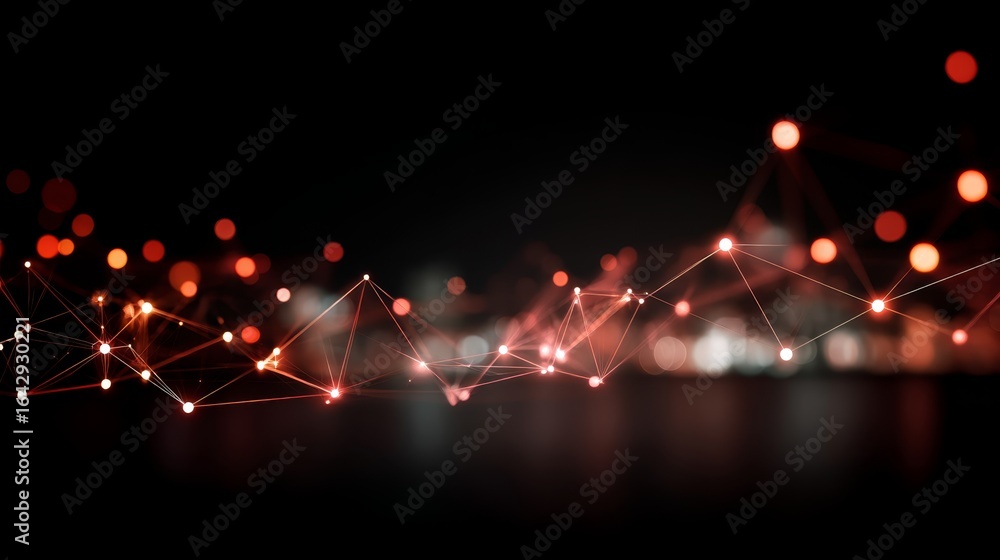 Poster illuminated interconnected network of glowing nodes and lines over a city skyline silhouette at nigh