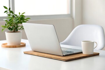 Fototapeta premium Modern home office setup with laptop and plant