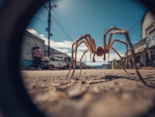 Large spider on a street in a town.
