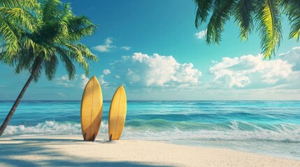 Surf boards on paradise island with palms. Unusual travel 3d illustration. Summer vacation concept