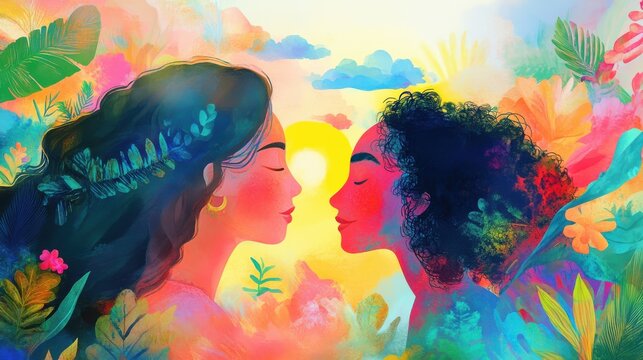 Two young women enjoying peaceful moment in tropical garden - Powered by Adobe