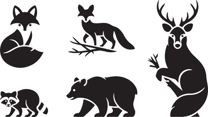 Fototapeta premium Stylized Black Silhouettes of Forest Animals: Fox, Deer, Bear, Raccoon