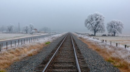 Fototapeta premium Frosty morning scene, railroad tracks vanishing into foggy distance