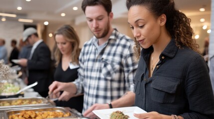 Social event with a diverse crowd of men and women, selecting delicious food at a buffet and conversing in a relaxed setting.