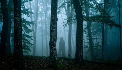 Fototapeta premium A mysterious cloaked figure with a glowing face lurking in a dark, eerie, and fog-filled forest at night.