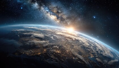 Obraz premium Sunrise over Earth, showcasing a portion of the planet with city lights, clouds, and the Milky Way galaxy in the background