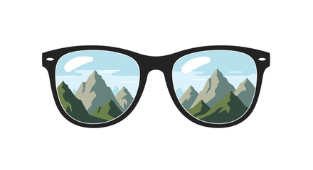 Sunglasses reflecting a mountain landscape, a concept for adventure, travel, and exploring nature. Vector icon.