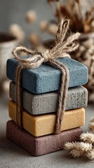 Stack of artisan soaps tied with twine, earthy tones