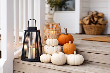 Autumn decorations with pumpkins and lanterns on wooden porch steps near a cozy home