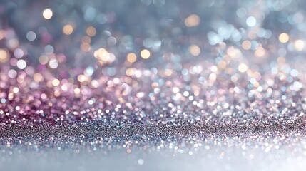 Obraz premium Abstract shimmering bokeh background with luminous silver, purple, and blue glowing particles creating a festive and magical atmosphere with smooth gradient and copy space