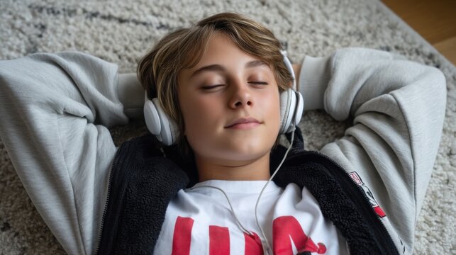 Teen laying comfortably on the floor, lost in music, wearing wireless headphones in a relaxed environment. - Powered by Adobe