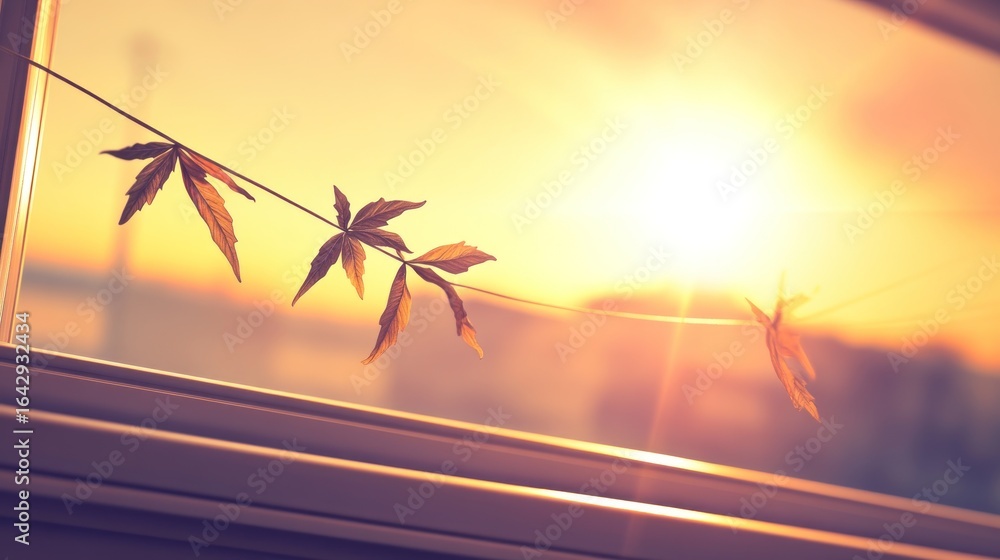 Poster golden hour sunlight through a window adorned with delicate leaves on a string