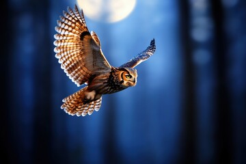 Night Flight: A majestic owl soars gracefully through the night sky, bathed in the ethereal glow of the moon. A stunning shot capturing the essence of freedom and nocturnal beauty.