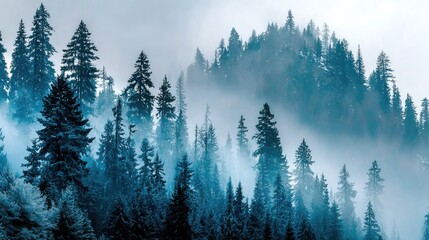 Misty mountain forest of evergreen trees