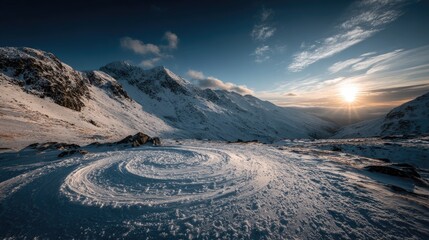 Sunset over snow-covered mountains, circular tracks in foreground