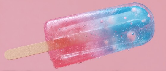 The colorful popsicle with vibrant blue and pink layers on a wooden stick.