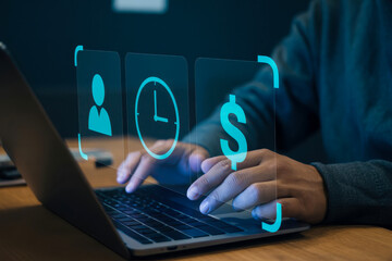 Understanding time management and earning potential online with laptop and digital interface