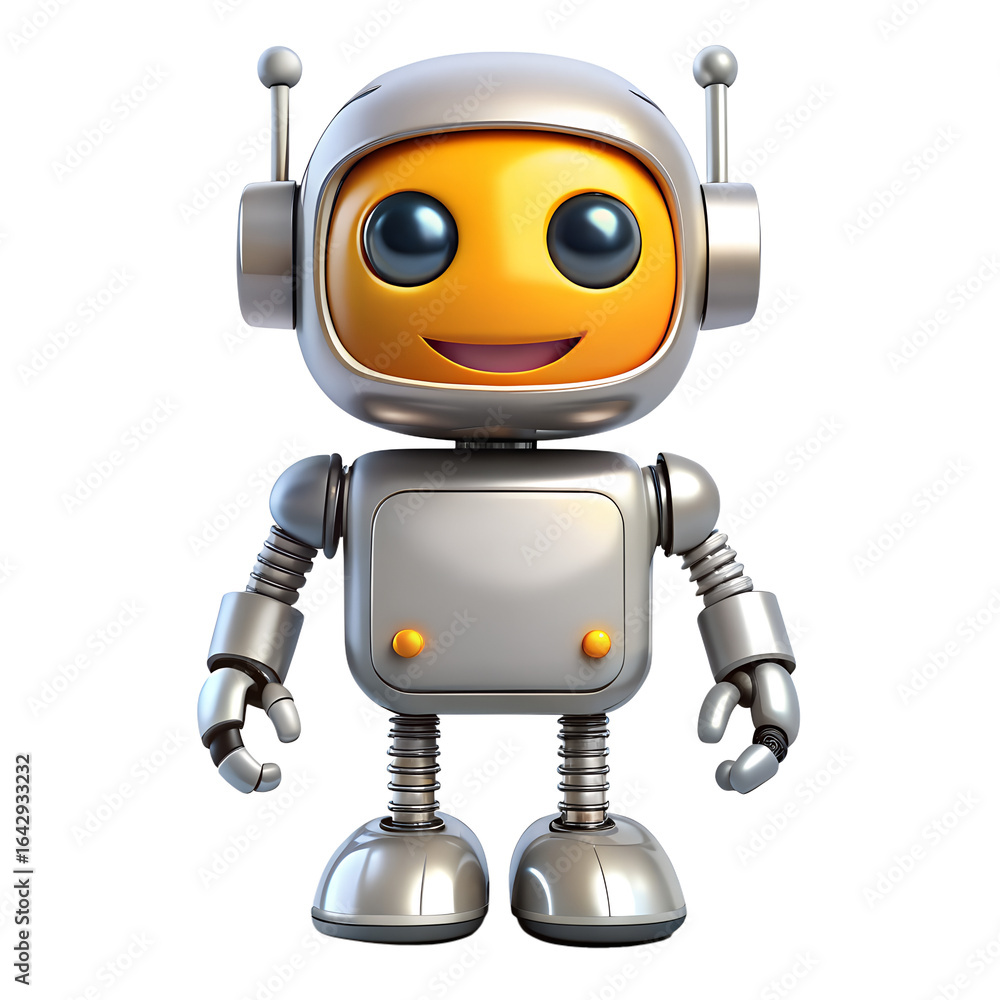 Poster cute smiling robot character with a friendly expression, futuristic technology concept, isolated on 