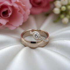 Elegant Diamond Wedding Rings on White Satin with Soft Floral Background