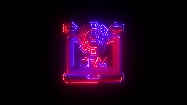 Neon CRM System Icon Customer Relationship Management Interface with Gear and Arrows on Laptop Screen in Glowing Digital Style