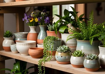 A charming collection of assorted ceramic pots and vases filled with lush green houseplants and delicate wildflowers, displayed on wooden shelves.